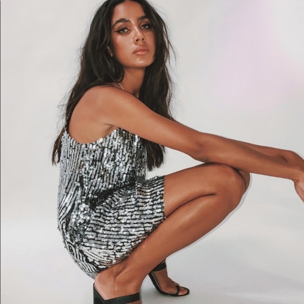 PRINCESS POLLY NIGHT FEVER MINI DRESS BLACK / SILVER